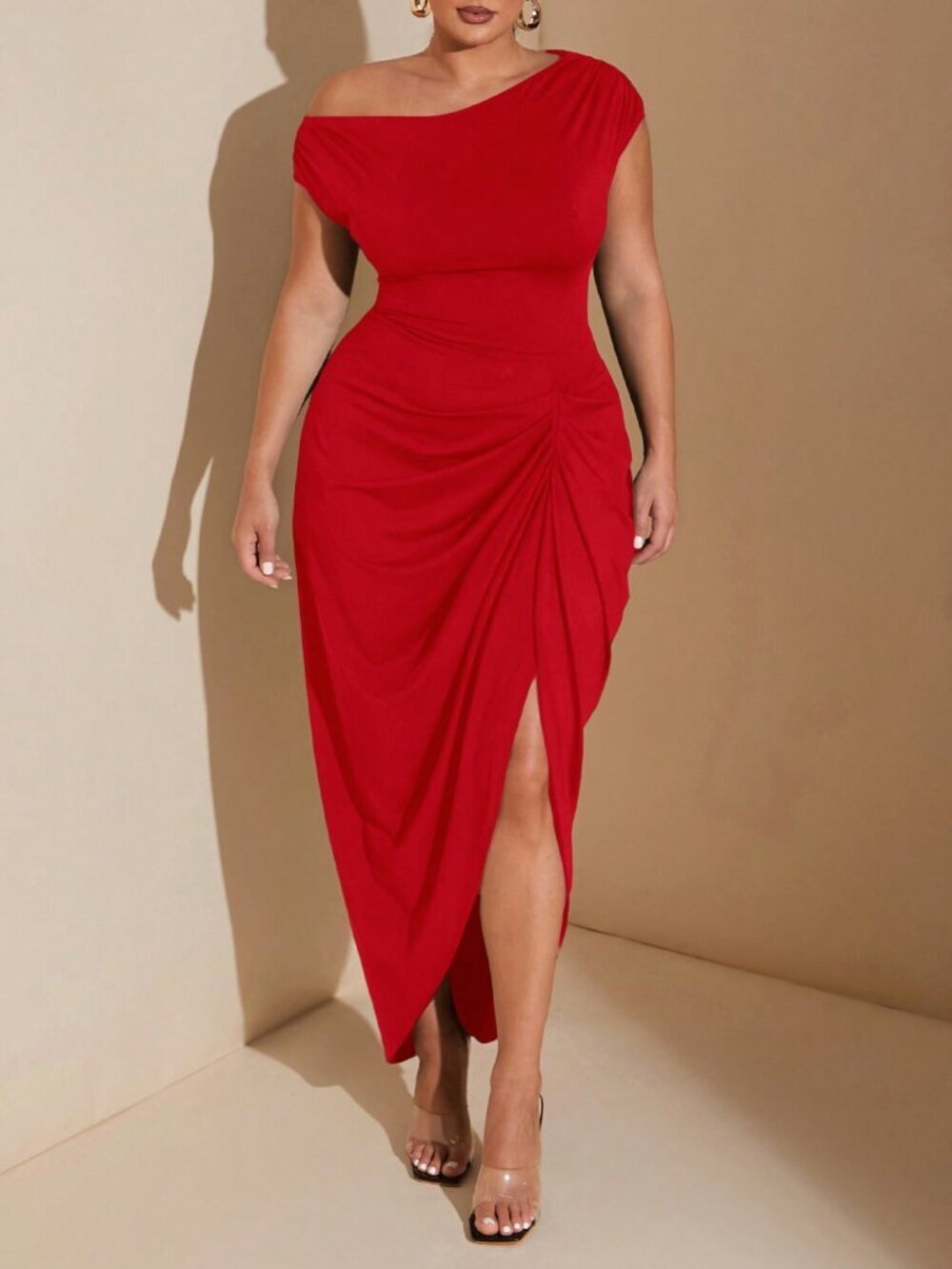 Red Elegant Women's Plus Size one shoulder asymmetrical Party Dress